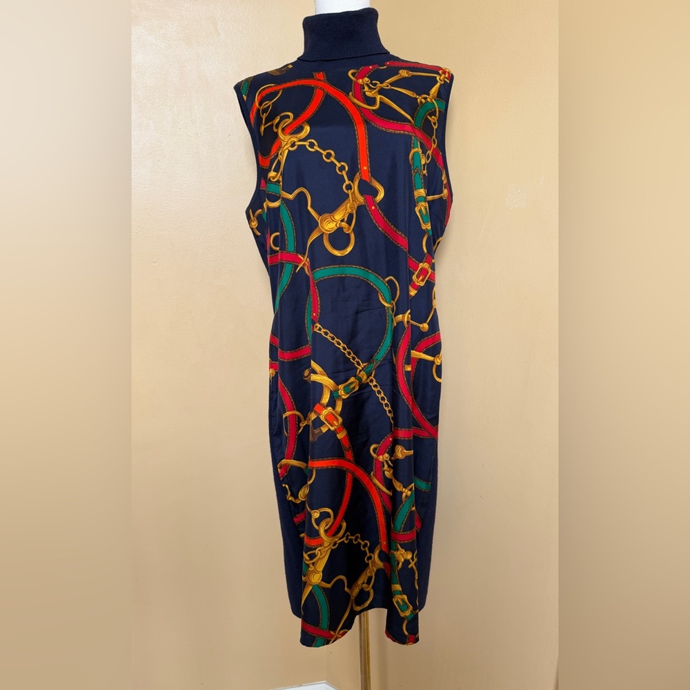 Ralph Lauren Elegant Equestrian Horse Bit Chain Print Bodycon Wool Blend Dress - Picture 1 of 11